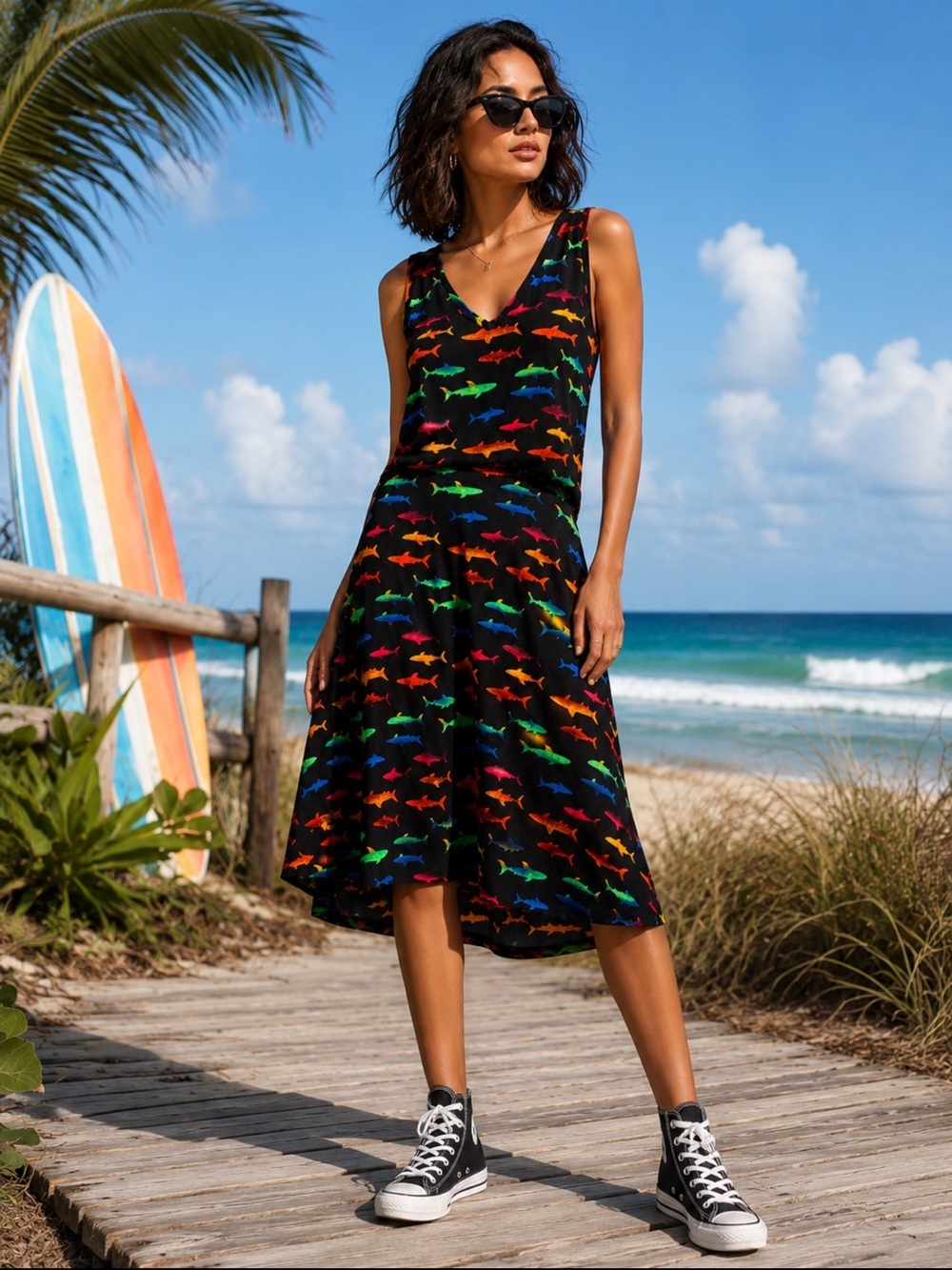 ModCloth Rainbow Shark Print Tank & Skater Skirt Set M